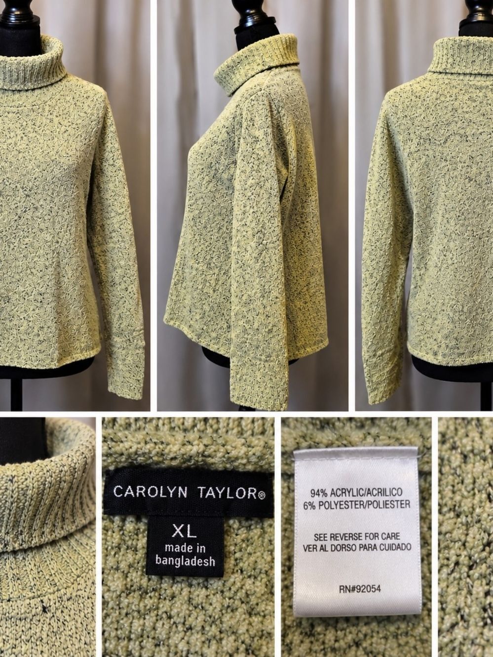 Carolyn Taylor Sage Green Marled Turtleneck Sweater, Soft Knit, Women's XL